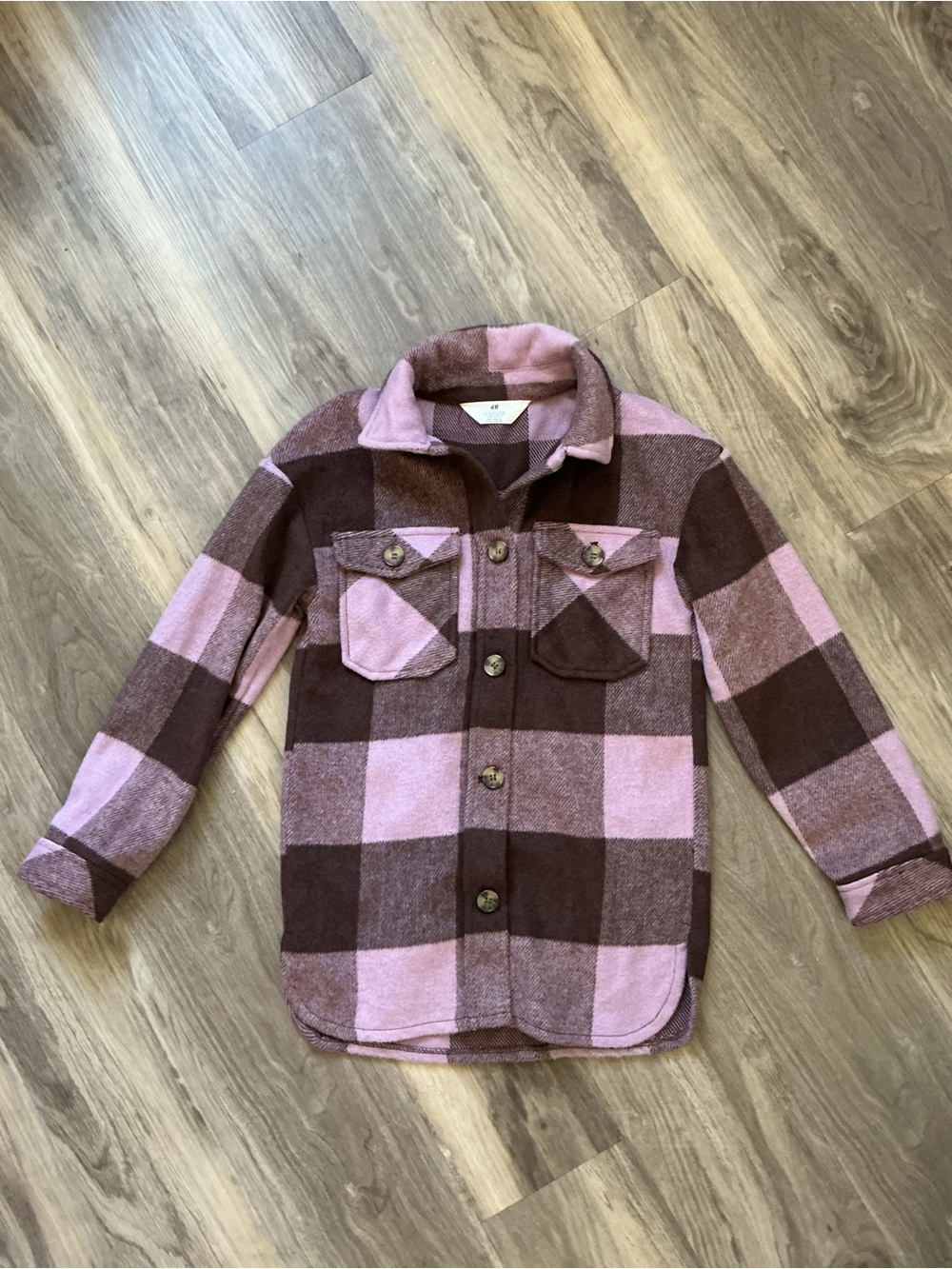 H&M Pink and Brown Plaid Button-Front Shirt Jacket